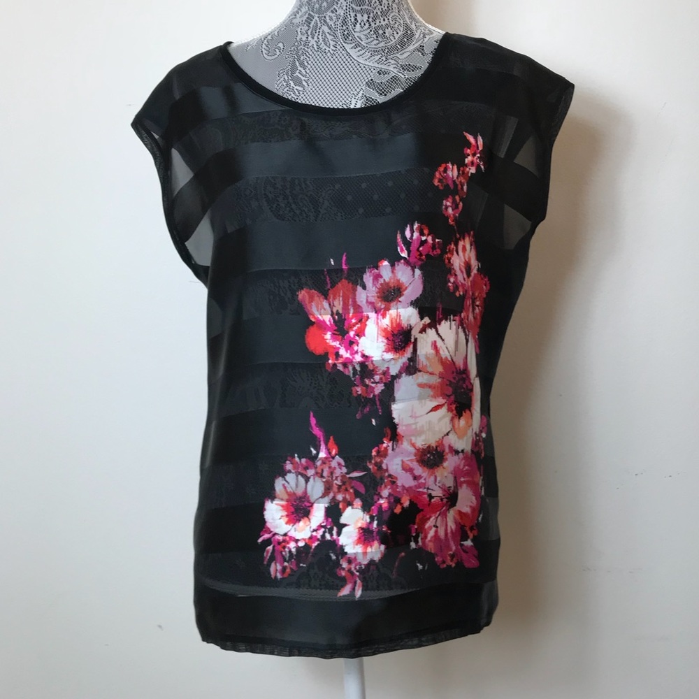 White House Black Market Floral Sheer Top Size L
